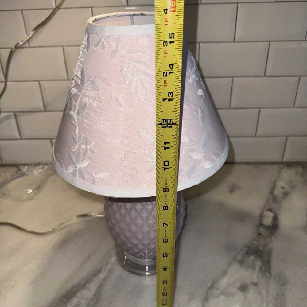 Pink Milk Glass Like Lamp With Clear Lucite Base Pink Embroidered Lamp Shade0041